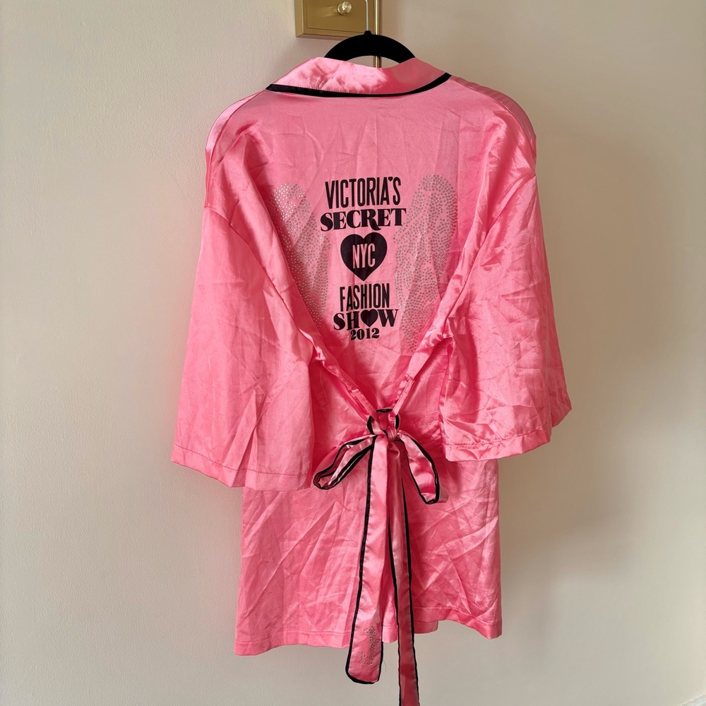 Vintage Pink Satin Fashion Show Robe with Black Trim
